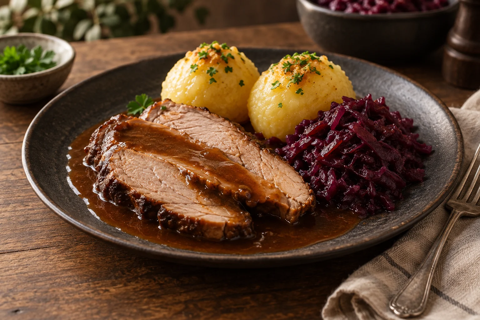 Deftiges Gericht mit Braten, Knödeln und Rotkohl