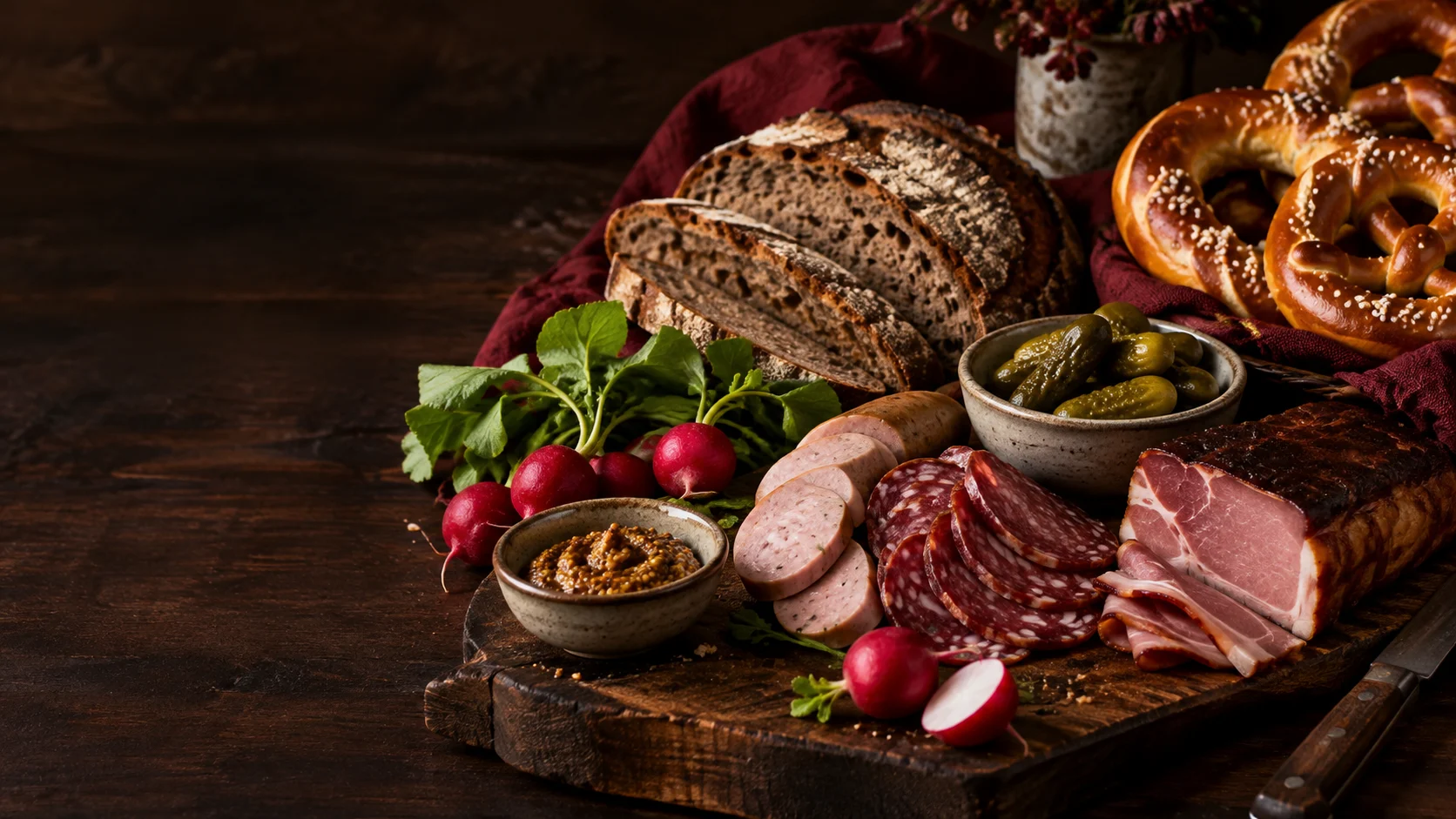 Brotzeit mit Wurst, Brot, Brezel, Senf und eingelegten Gurken