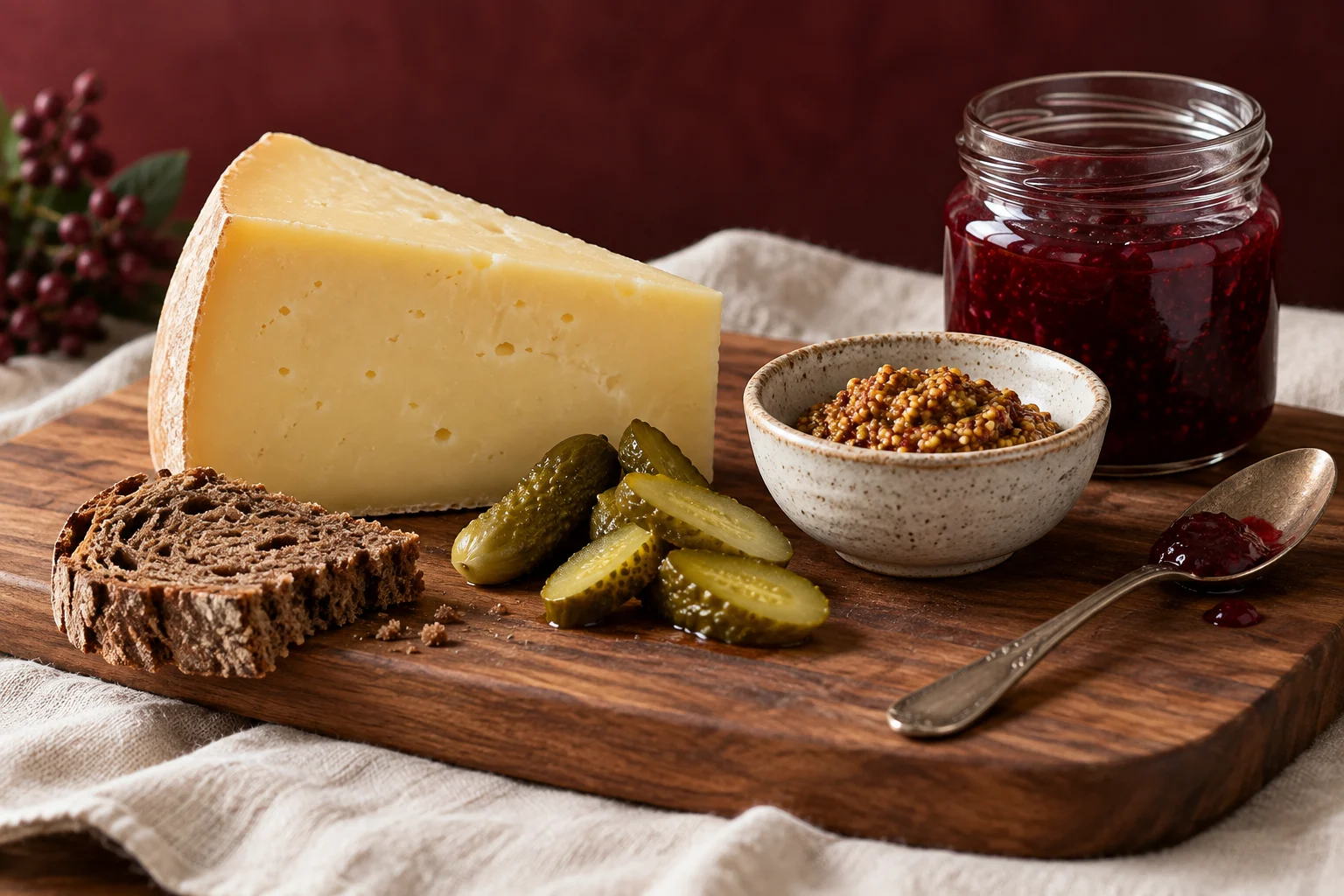 Käse, Senf, Marmelade und eingelegte Gurken