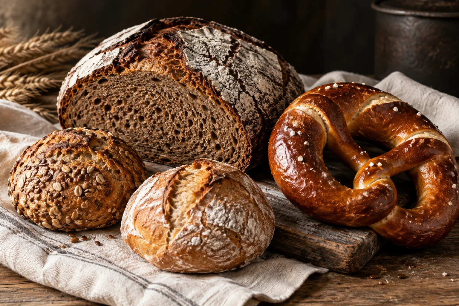 Brotlaib, Brötchen und Brezel auf einem gedeckten Tisch